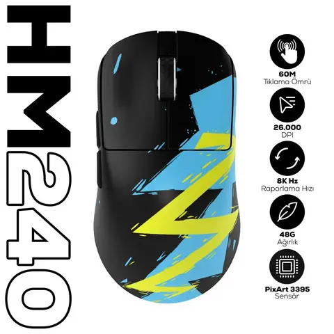 Hawk Gaming HM240 8K Hz 26000 DPI Tri-Mode Kablosuz/Bluetooth Siyah Gaming Mouse